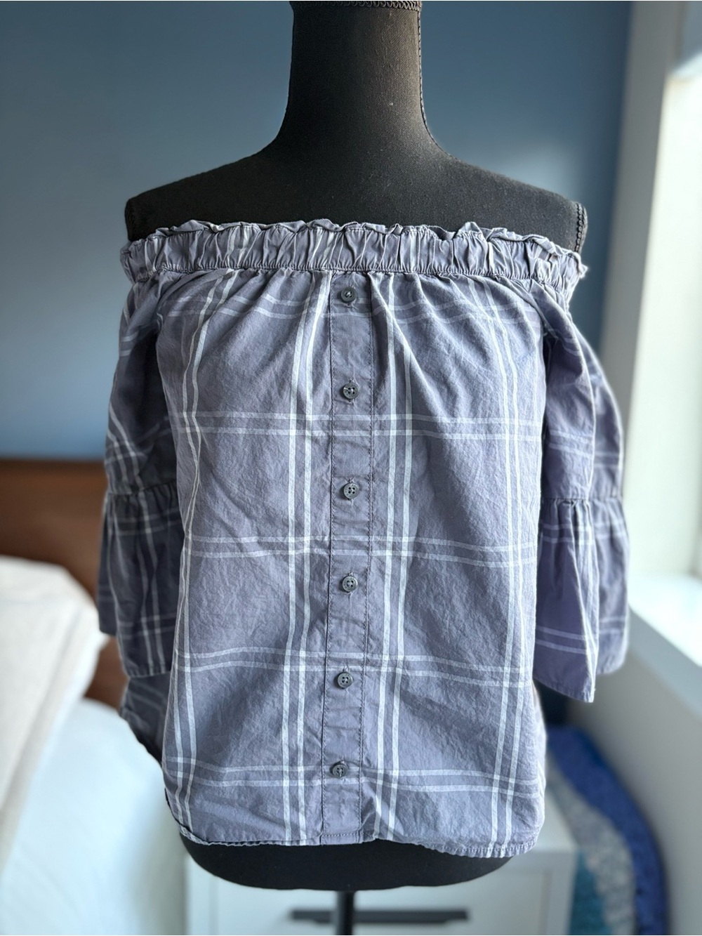 Abercrombie & Fitch Off-Shoulder On-Shoulder Gray Plaid Crop 3/4 Sleeve Top